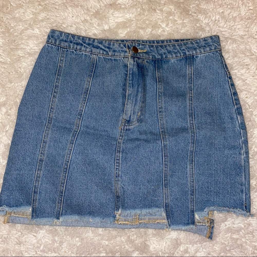 Honey Punch retro patchwork jean skirt